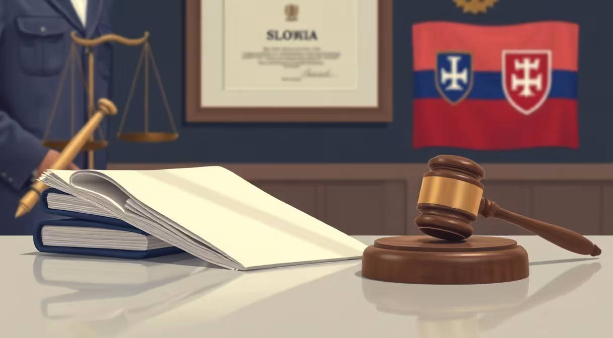 Sudcovské kladivo na stole vedľa právnych dokumentov a zloženej slovenskej vlajky v advokátskej kancelárii.