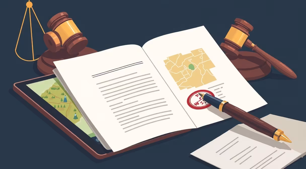 Legislatívny dokument s pečiatkou a pero na stole vedľa tabletu s mapou poľnohospodárskych pozemkov a kladivom v pozadí.