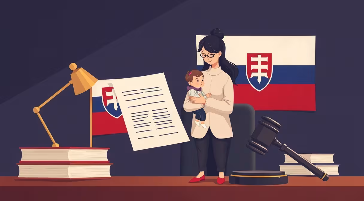 Rodič s dieťaťom pri dokumente a kladivku, v pozadí slovenská vlajka, symbolizujúci novelu zákona o sociálnom poistení.