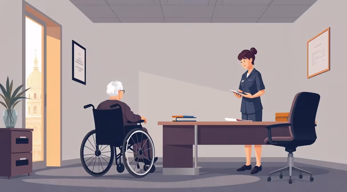 Staršia žena na invalidnom vozíku a pracovník dlhodobej starostlivosti v úrade, príspevok na pomoc