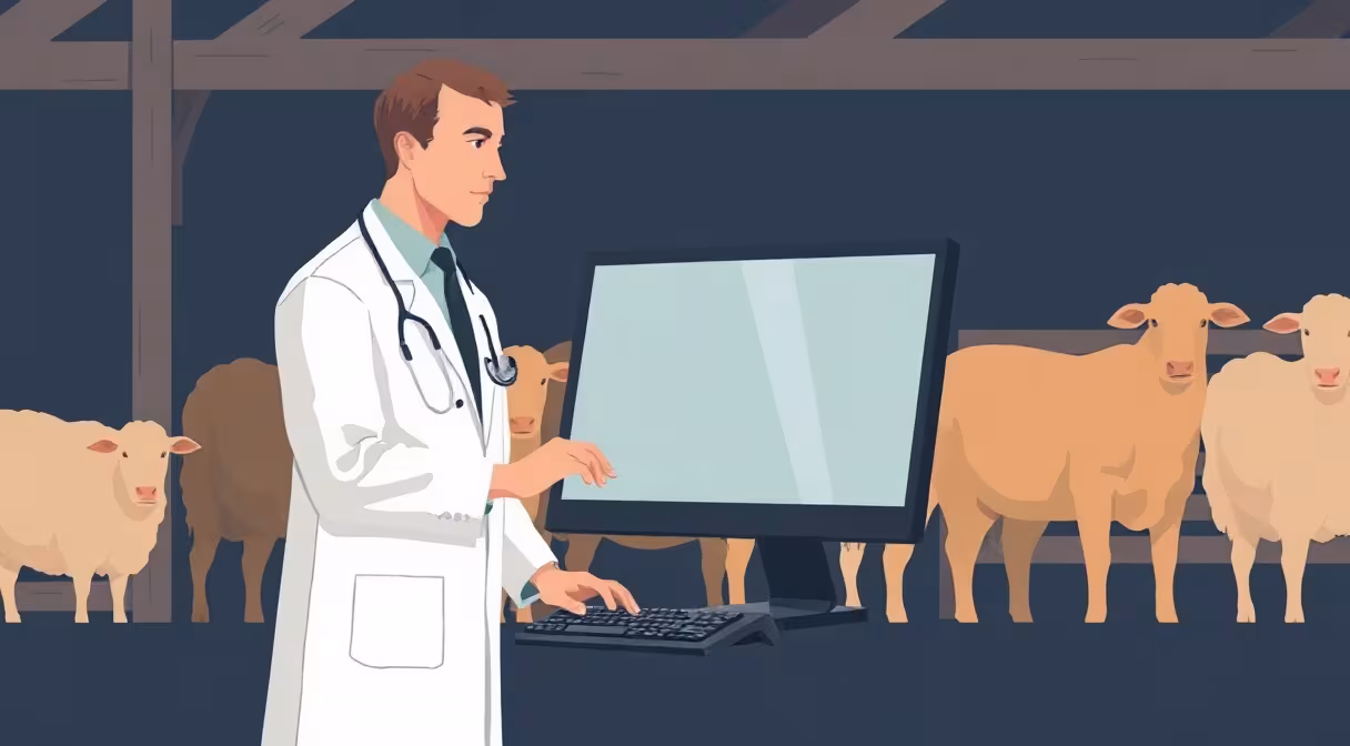 Veterinár v bielom plášti zapisuje údaje do počítača v chovnom zariadení s hospodárskymi zvieratami.