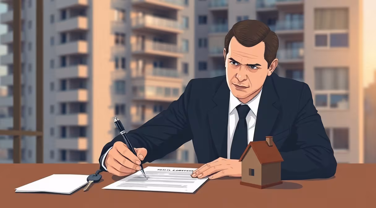 Muž podpisuje nájomnú zmluvu s kľúčom a modelom bytu na stole, ilustrácia pravidiel štátnej podpory nájomného bývania.
