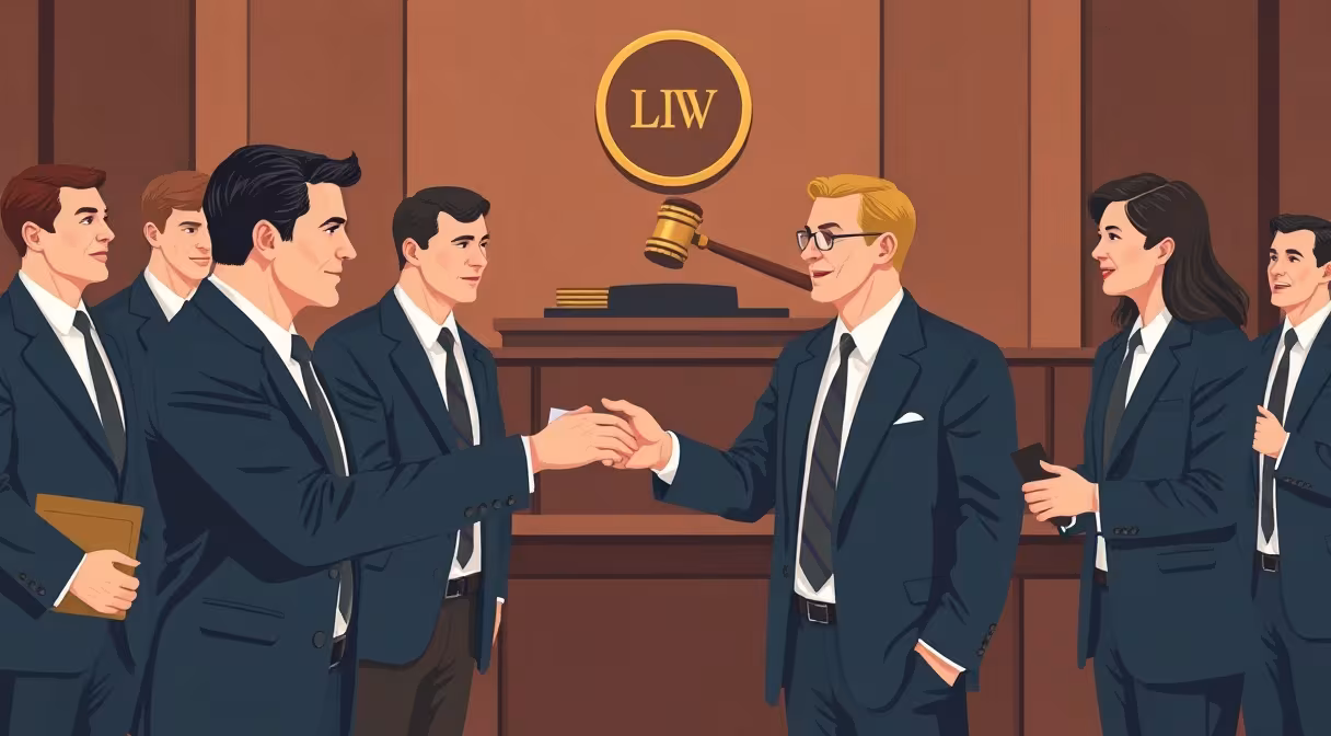 Lawyers shaking hands in a crowded courtroom, representing competition in the legal profession.