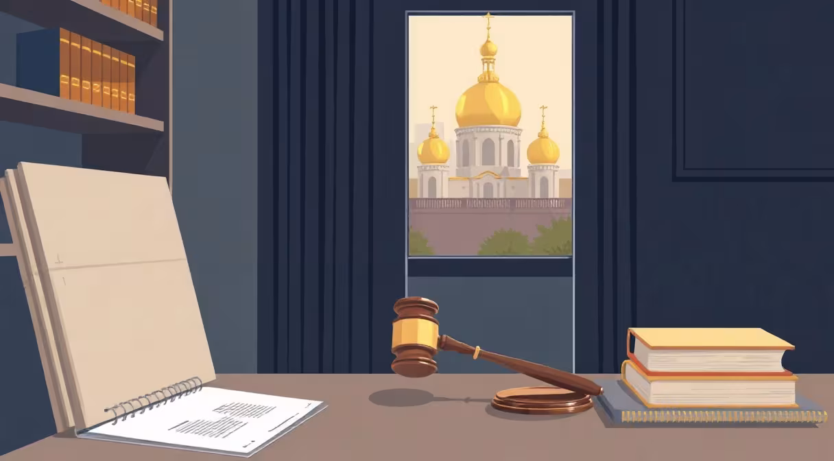 Legal gavel on office desk overlooking Kyiv domes at international law firm branch.