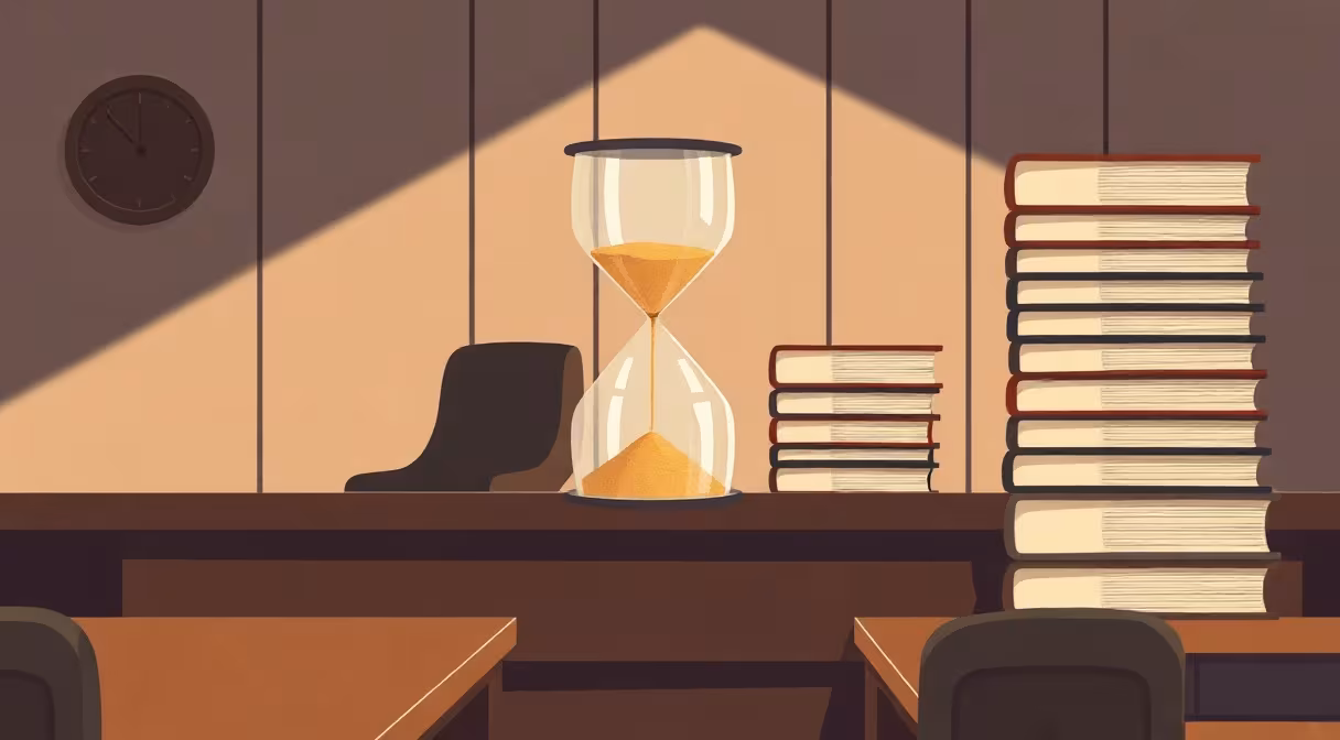 Hourglass on judge's bench with falling sand and stacked legal files in a courtroom.