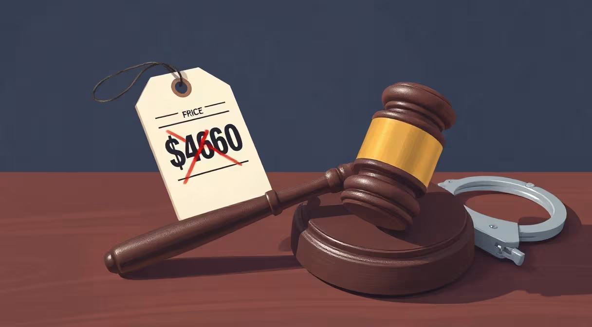 Gavel and crossed-out inflated price tag with handcuffs emphasizing legal punishment for excessive pricing.