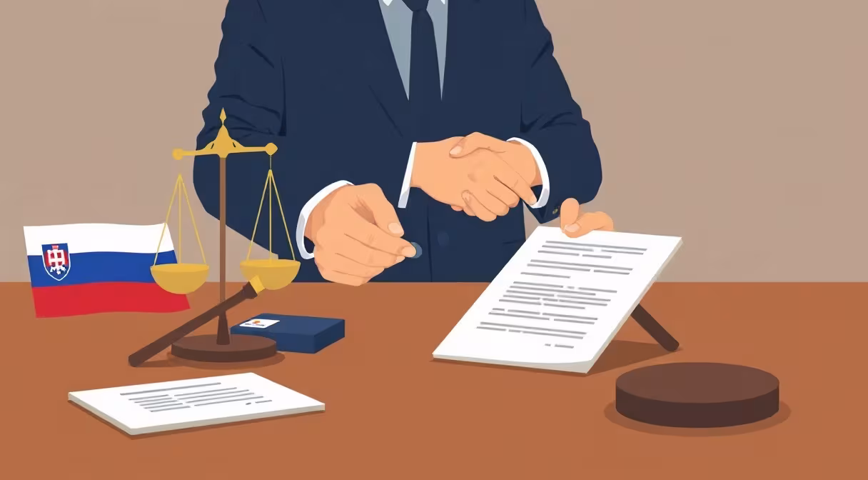 Notary stamping real estate contract on desk with flag and justice symbols