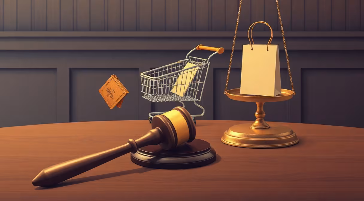 A gavel and broken shopping cart on a table with a scale showing a shopping bag and magnifying glass.