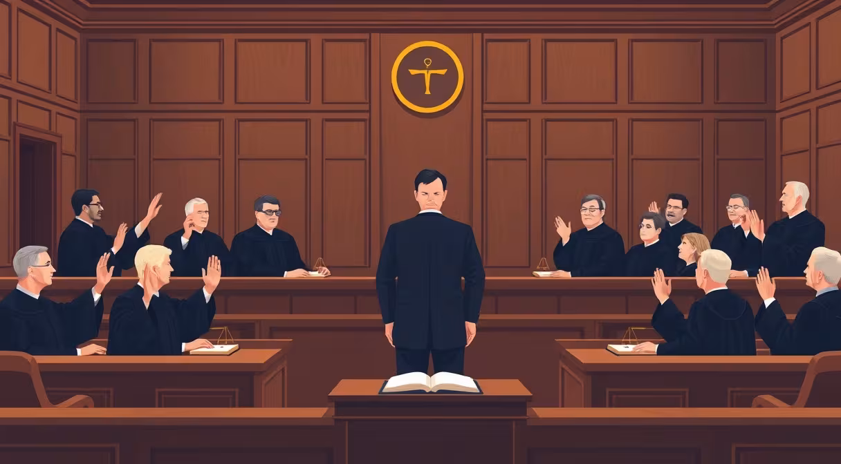 18 judges raising right hands in oath during inauguration ceremony led by a president.