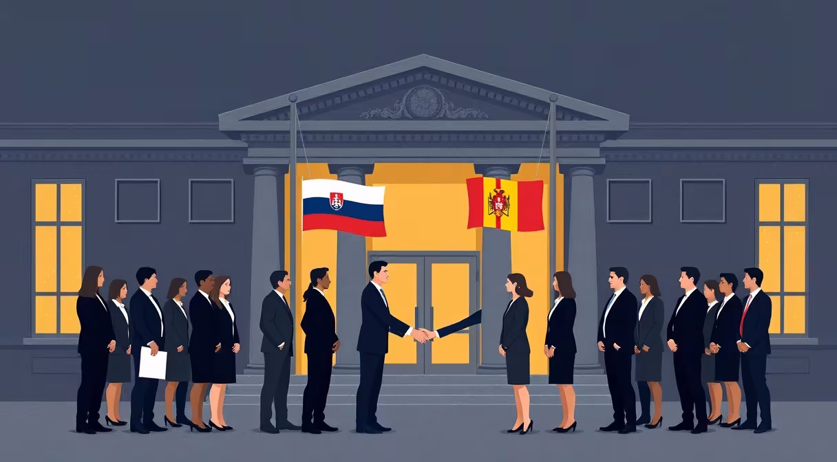 Distinguished delegates from Moldova and Slovakia exchange greetings outside a courthouse under Slovak and Moldovan flags