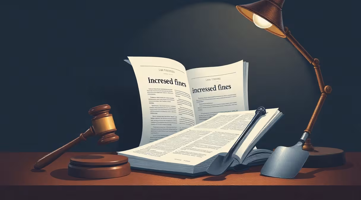 Gavel a otvorená kniha zákona s dokumentom o zvýšení pokút a lopatkou symbolizujúcou obecné práce