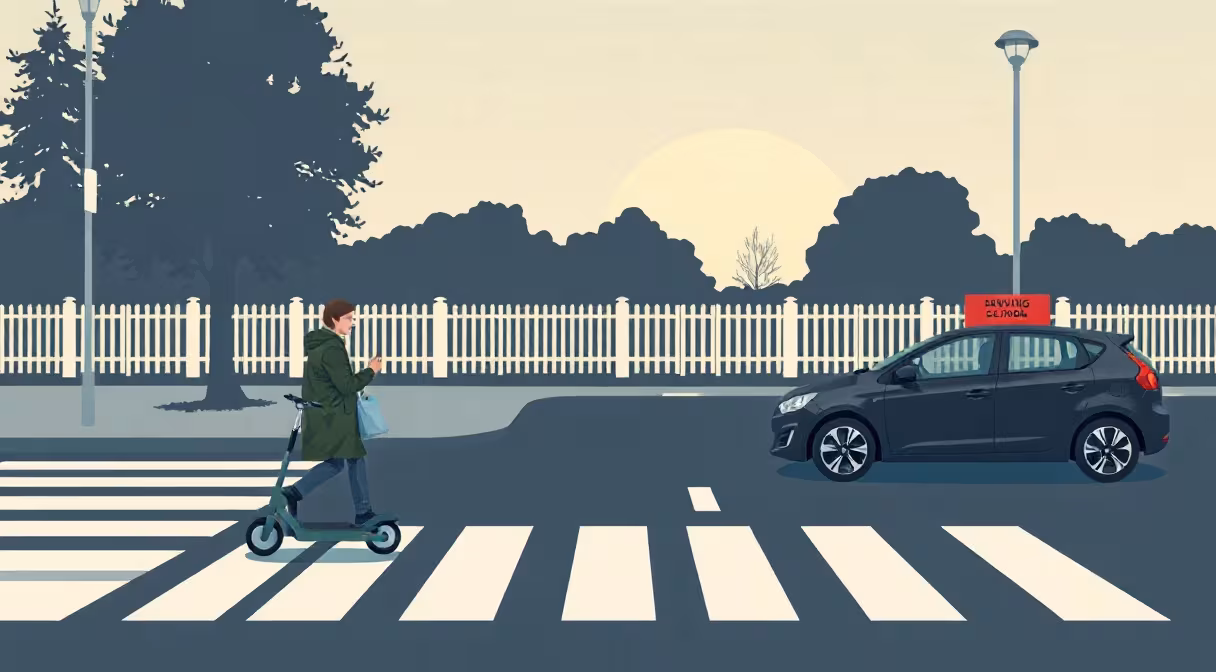 Chodec na priechode s autom v pozadí, malé elektrické vozidlo čaká, autoškola stojí pri ceste.