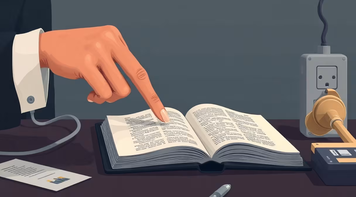 Právnik ukazuje na paragrafy v knihe zákona, vedľa nej je elektrická zástrčka a plynomer.
