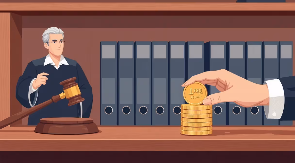 A judge uses a gavel near a euro coin on stacks of blank legal documents.