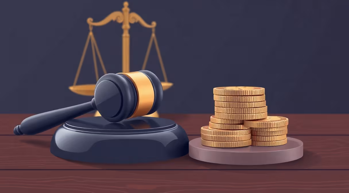 Judge's gavel and euro coins representing Justice Department budget increase.
