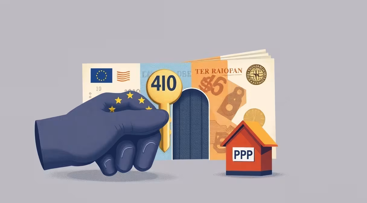 Key unlocking EU funds for PPP projects on a miniature house.
