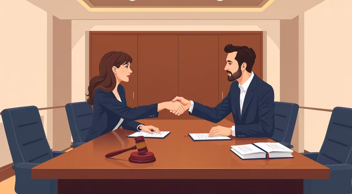 Handshake between businesswoman and mayor with legal documents on table highlighting business meeting