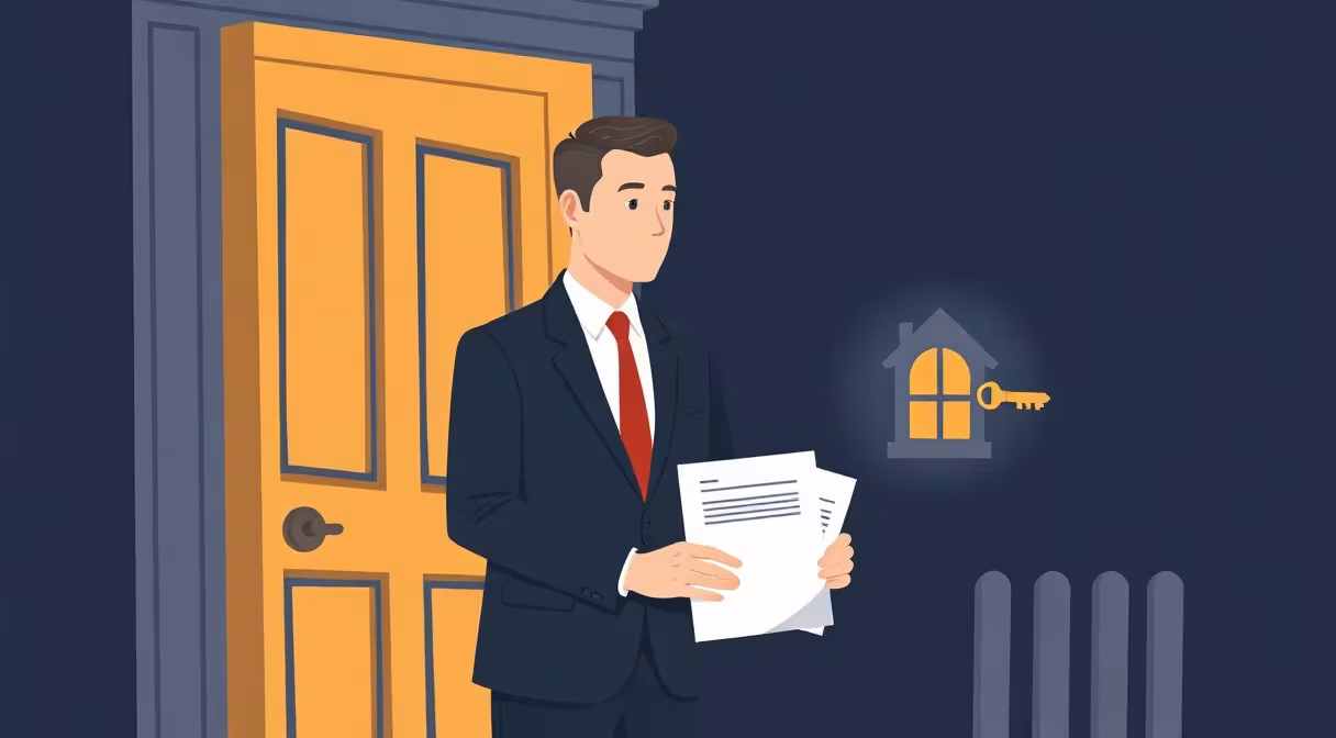 Man receiving notification about property transfer at his front door, emphasizing legal notification process.