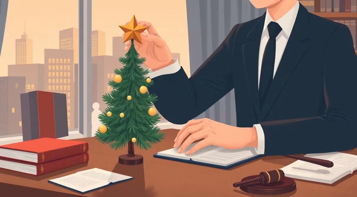 Lawyer decorating a tree desk with legal books and gavel in a festive office with holiday skyline view