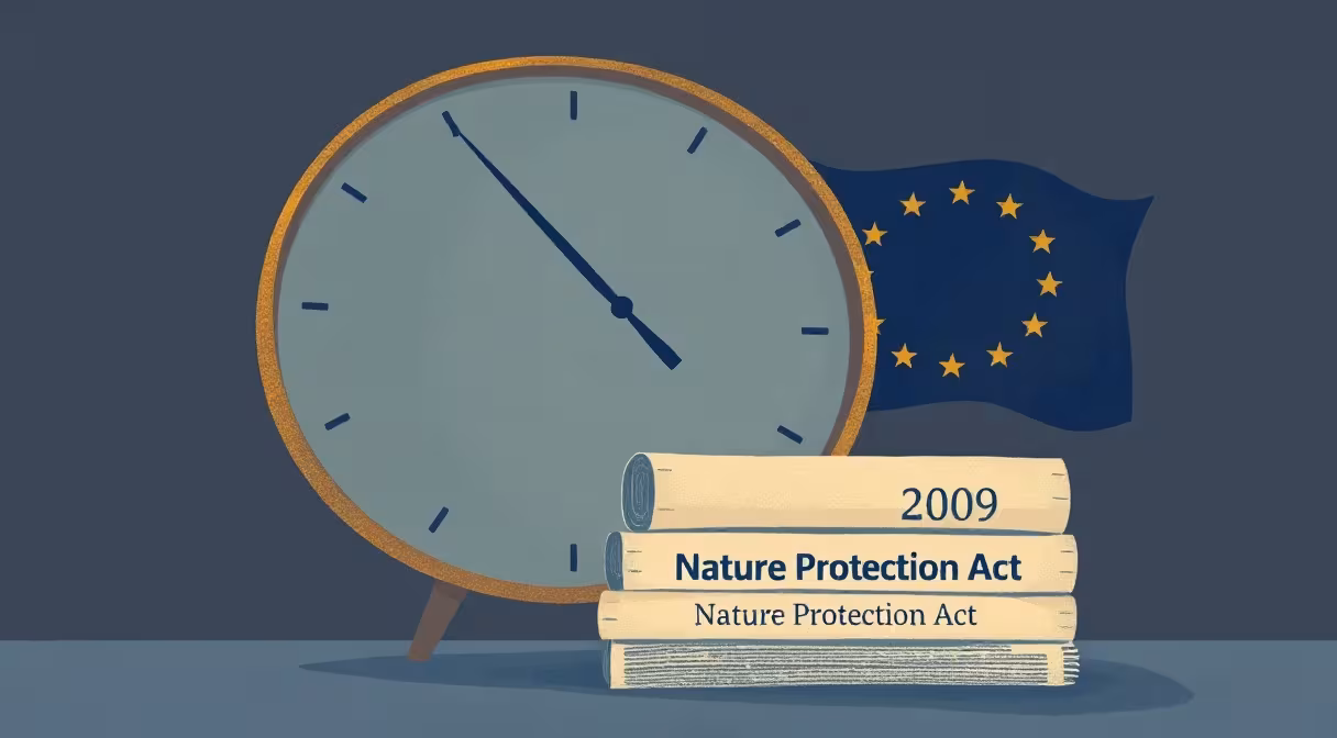 Clock pointing to December 2009 over delayed nature protection paperwork and EU flag.