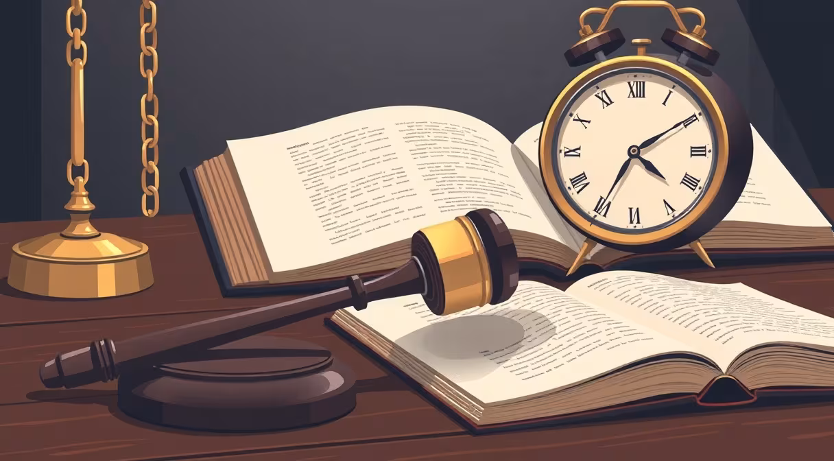 Gavel and open law book with clock and chains representing pre-trial custody limits