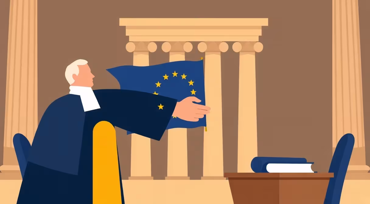 German and Slovak constitutional judges shaking hands beside an EU flag and constitutional court building.