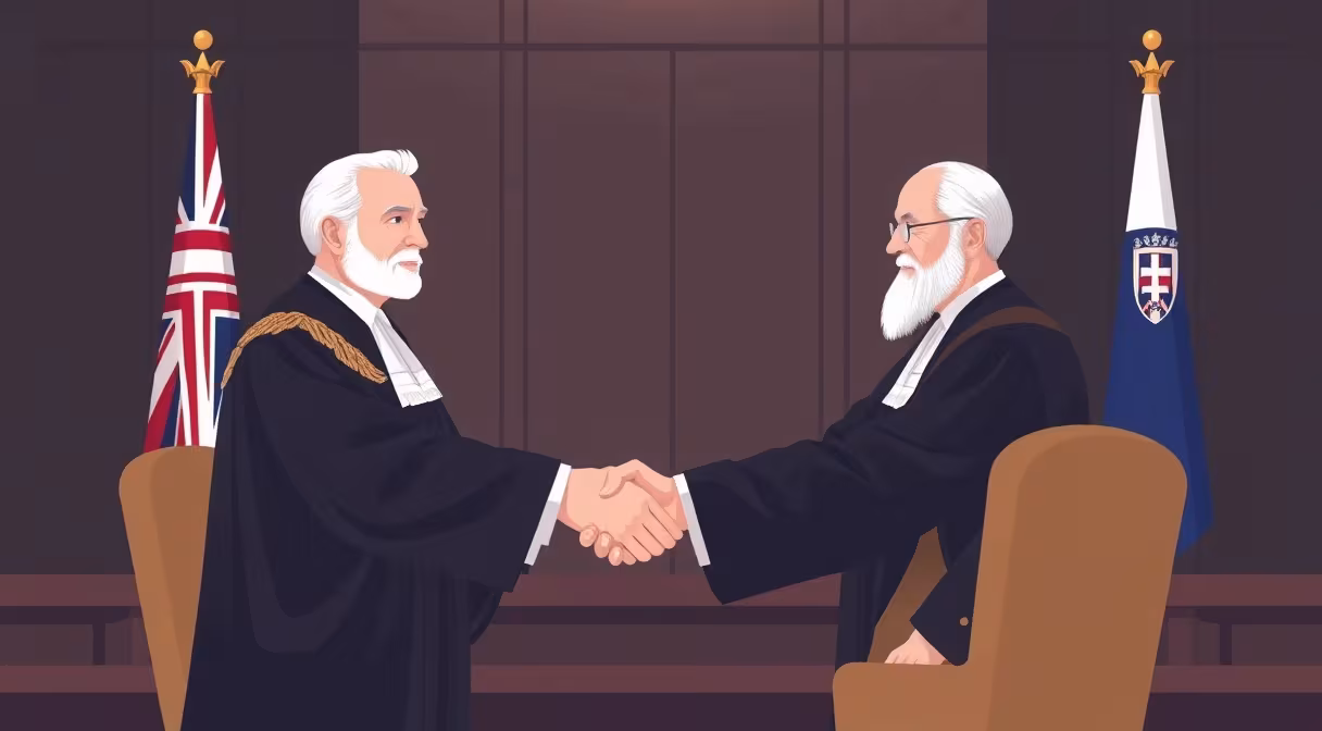 British and Slovak judges shaking hands in courtroom with flags