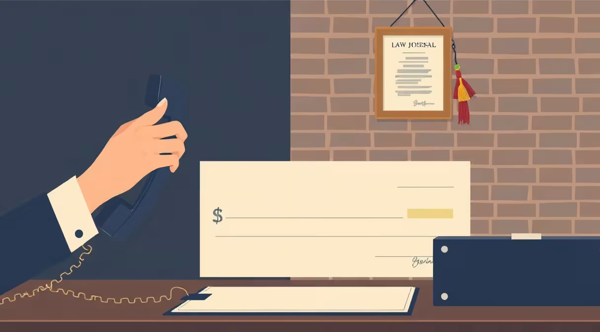 Business owner holding ringing phone near blank check with law degree in background