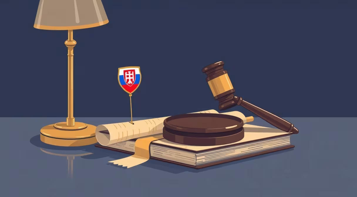 Slovakia legal symbol collection with gavel and flag pin on a desk