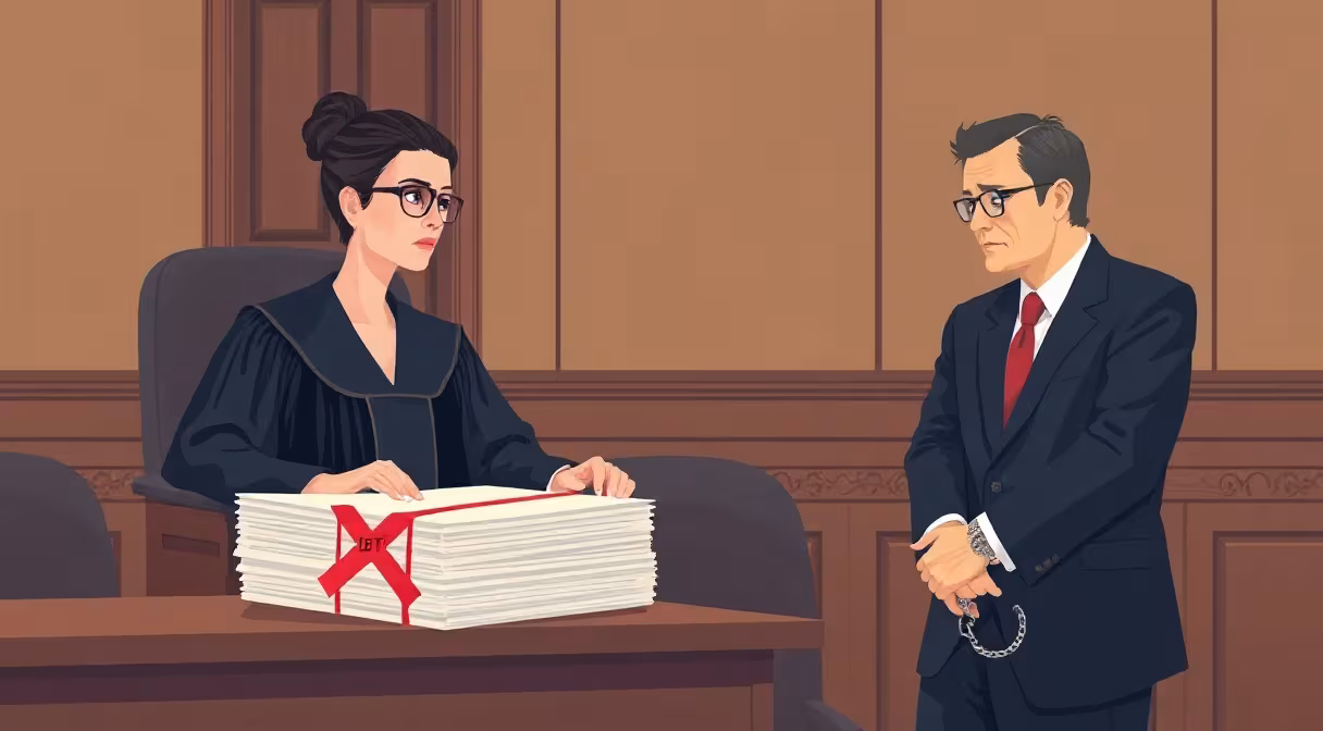 A judge pointing at a handcuffed man in a courtroom with an insurance debt document nearby.
