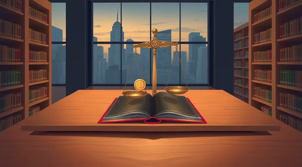 Open legal book with brass scale of justice and gold coin in a dark law library with city skyline view