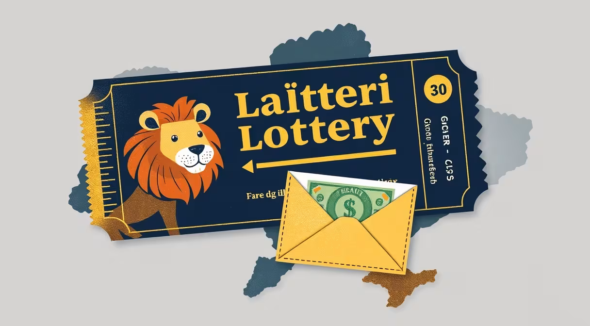 Charity lottery ticket and donation envelope on map of Ukraine highlighting a village school.