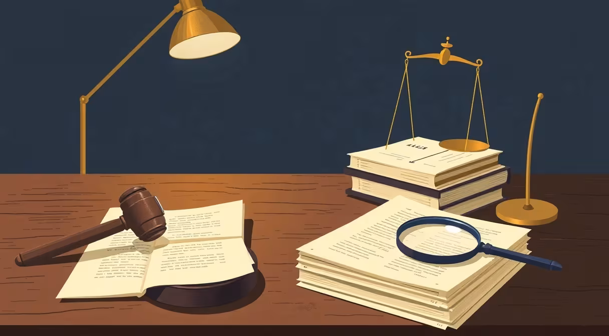 Gavel and scales of justice on desk with legal documents and magnifying glass.