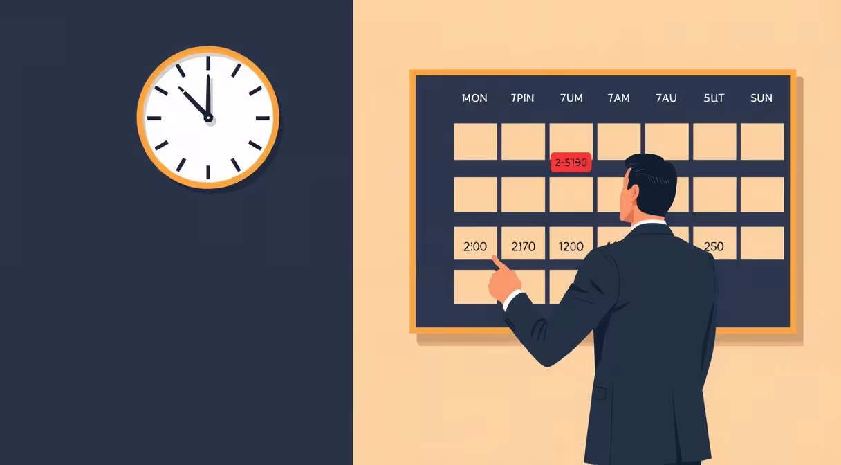 Lawyer adjusting calendar with flexible work hours, a clock showing varied starting times in background, representing labour code amendment.