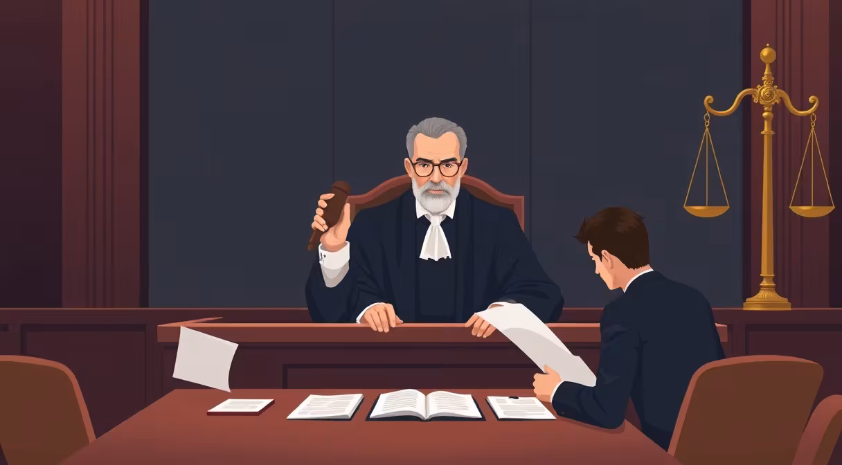 Judge with gavel and scales of justice in courtroom during unfair competition trial.