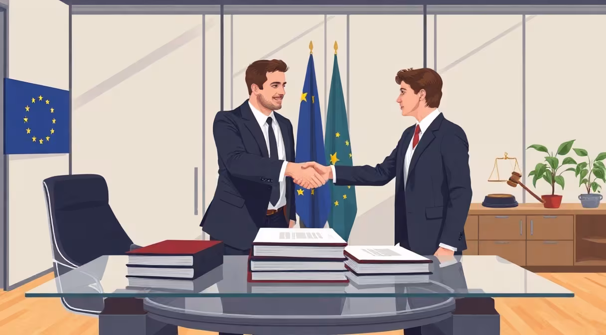 Lawyers shaking hands over documents in a Kyiv office with a gavel and EU flag, representing a successful deal closure.