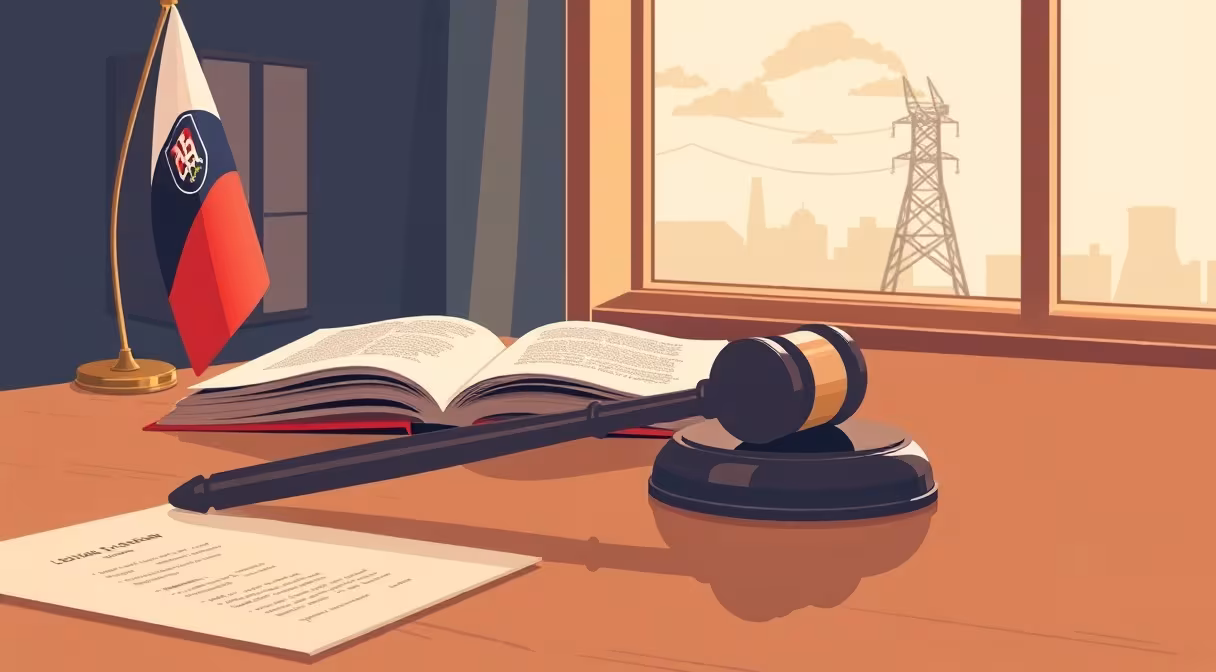 Legal gavel and Slovak flag beside law book, representing energy security legislation.