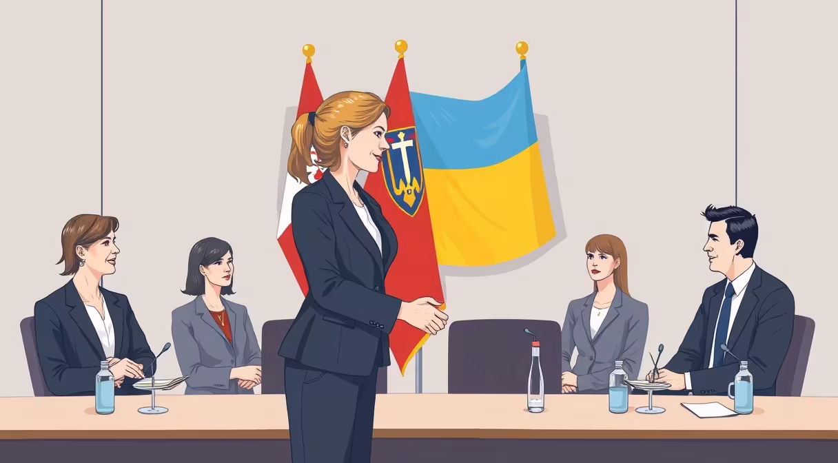 Lawyer handshake with ambassador at roundtable of bankers and entrepreneurs with flags.