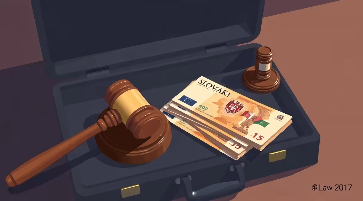 Legal gavel, Slovak banknotes, and coat of arms figurine on a briefcase representing investment law.