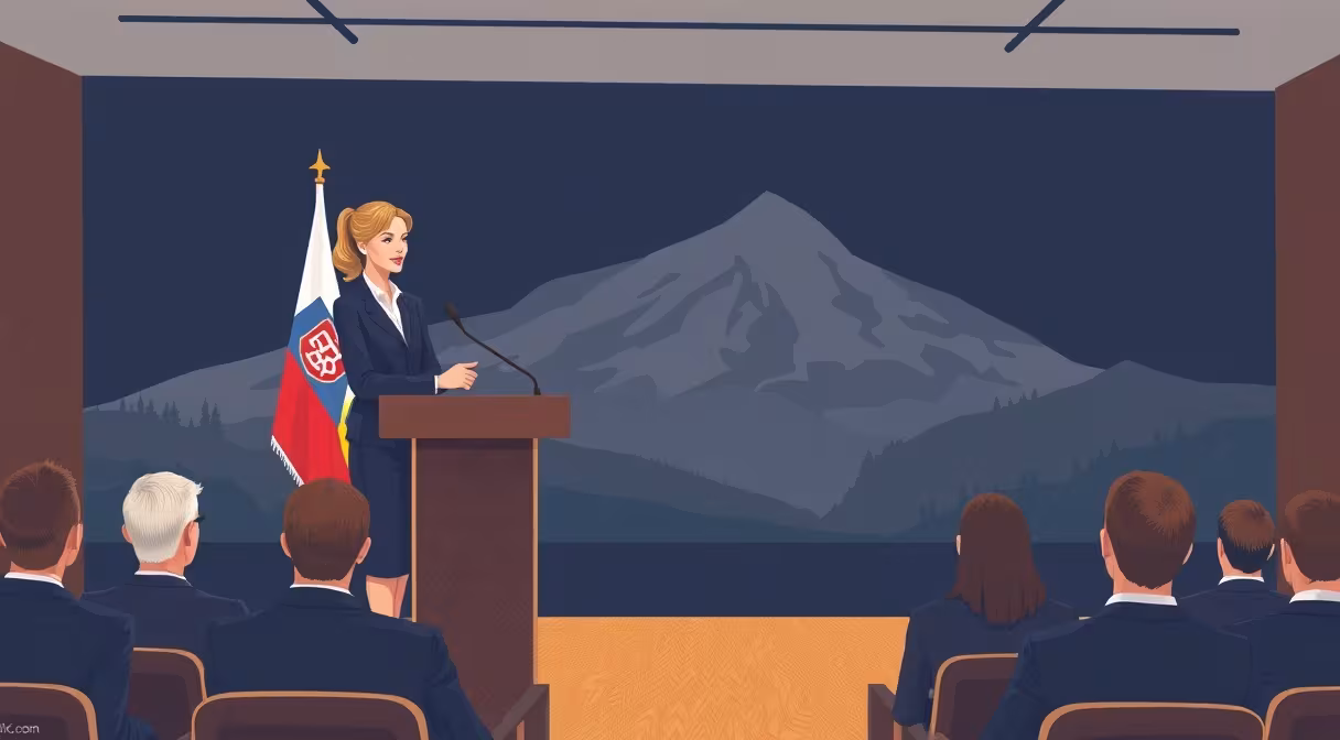 Legal expert Helen Vishnyakova speaking at Slovakia-Ukraine business forum with national flags and Carpathian backdrop