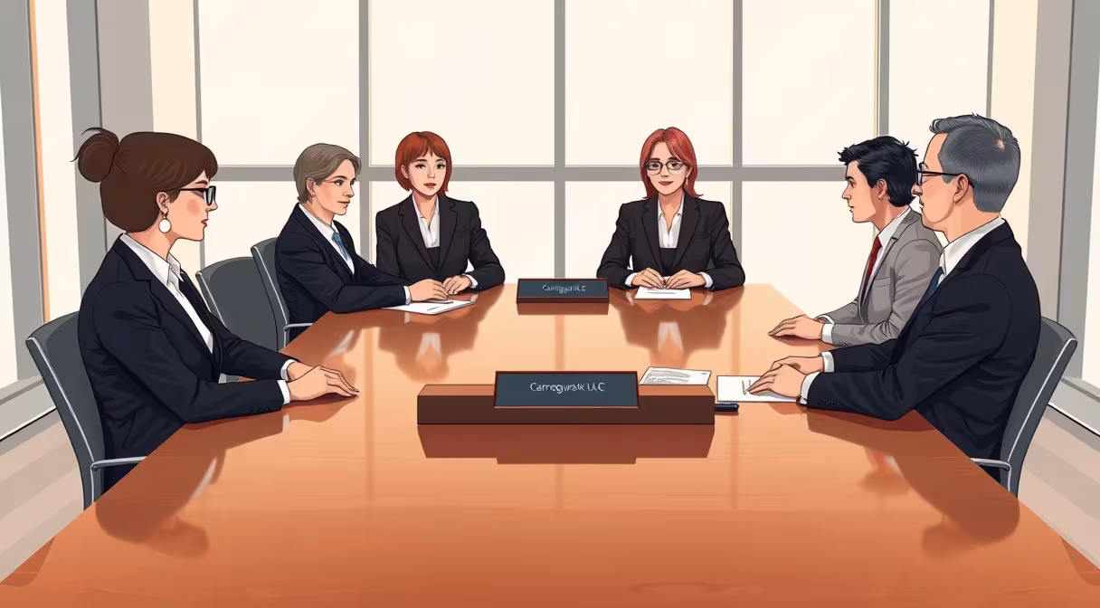 Legal professionals discussing pro bono practice around a conference table with newsletters.