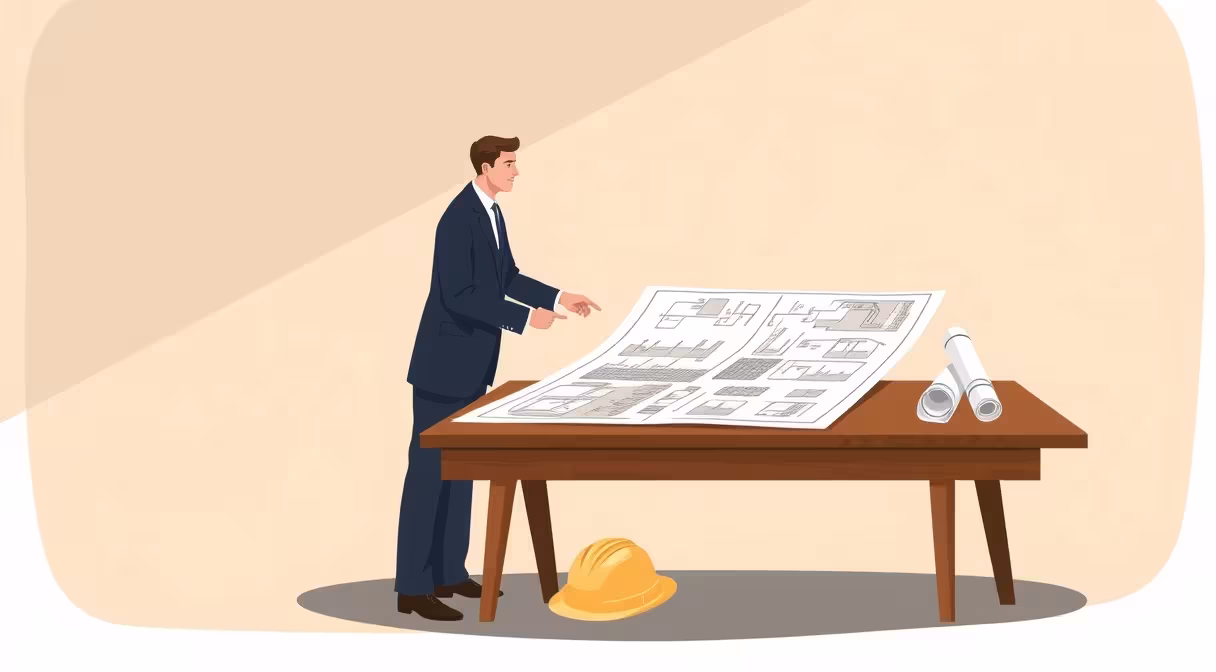 Lawyer pointing at construction blueprint with hard hat and rolled plans.
