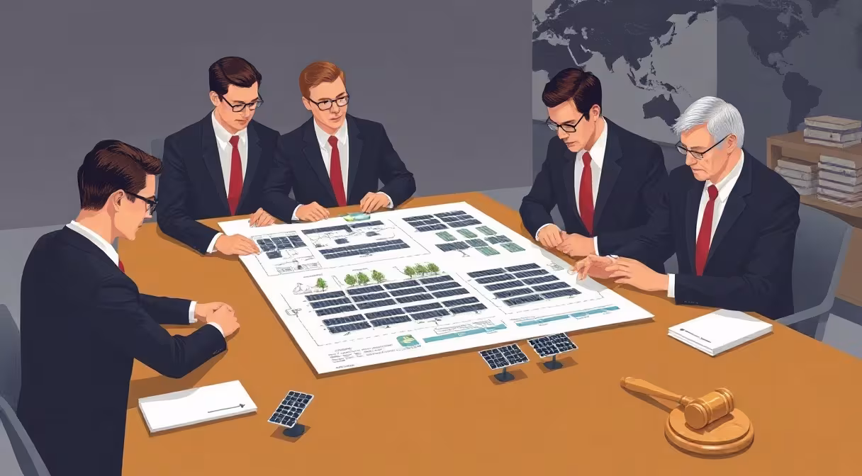 Lawyers reviewing solar energy documents and models for due diligence.