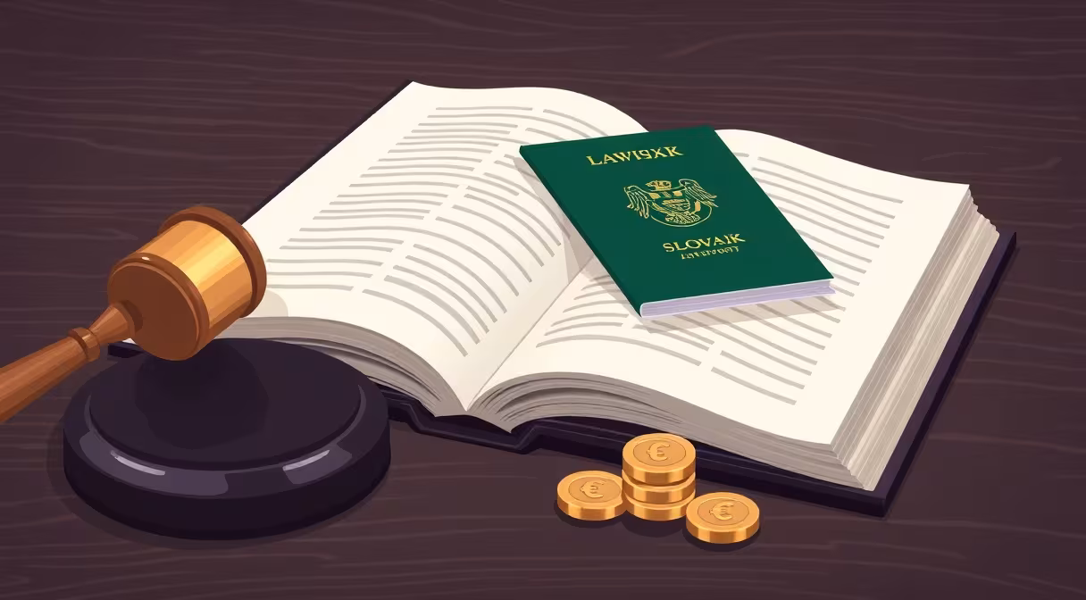 Legal gavel on law book with Slovak passport and euro coins for investment guide.