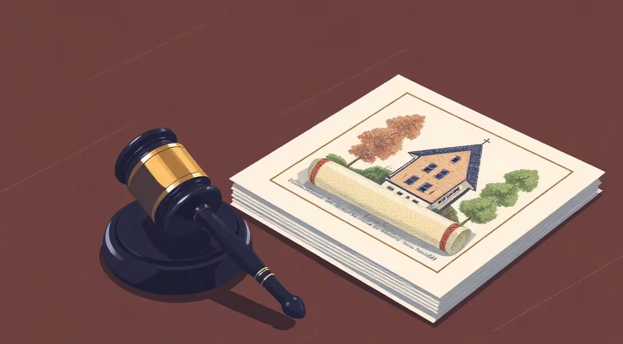 Gavel next to house blueprint and legal papers on table