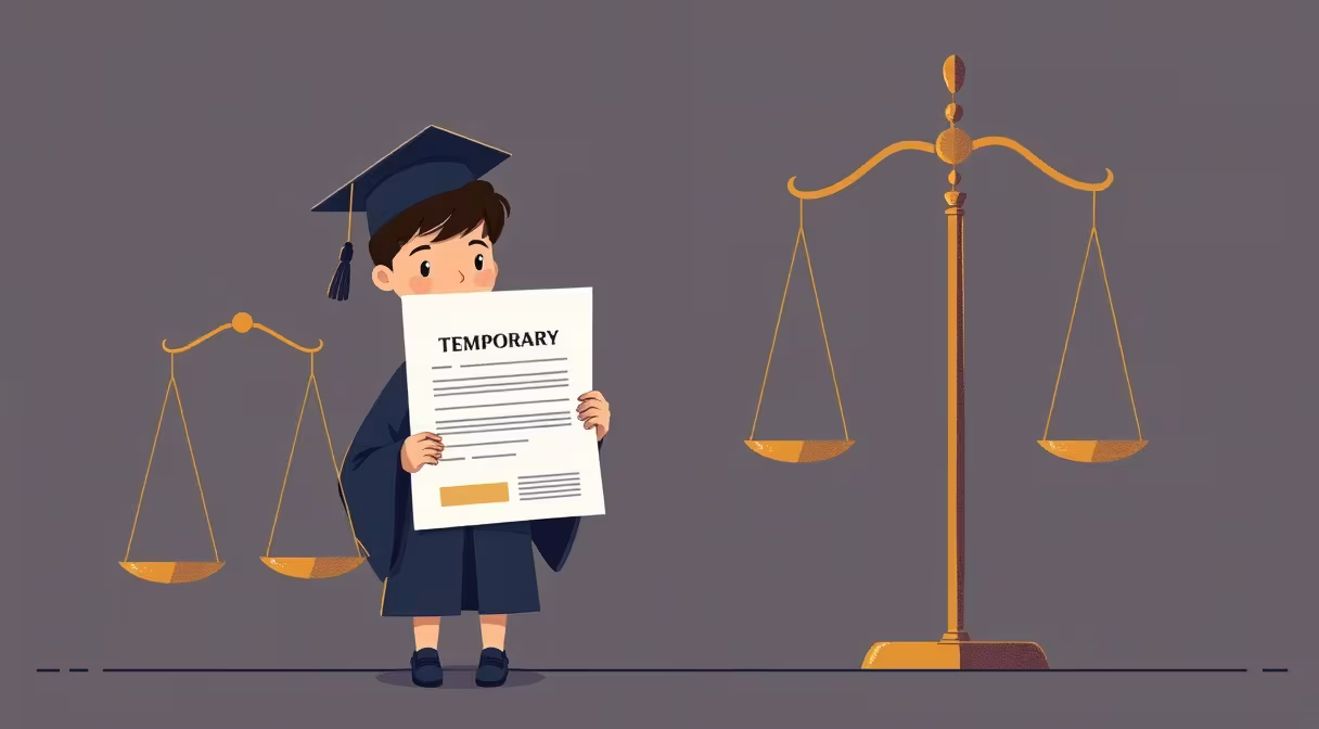 Student with cap and gown holding temporary contract beside lawyer's scale of justice.
