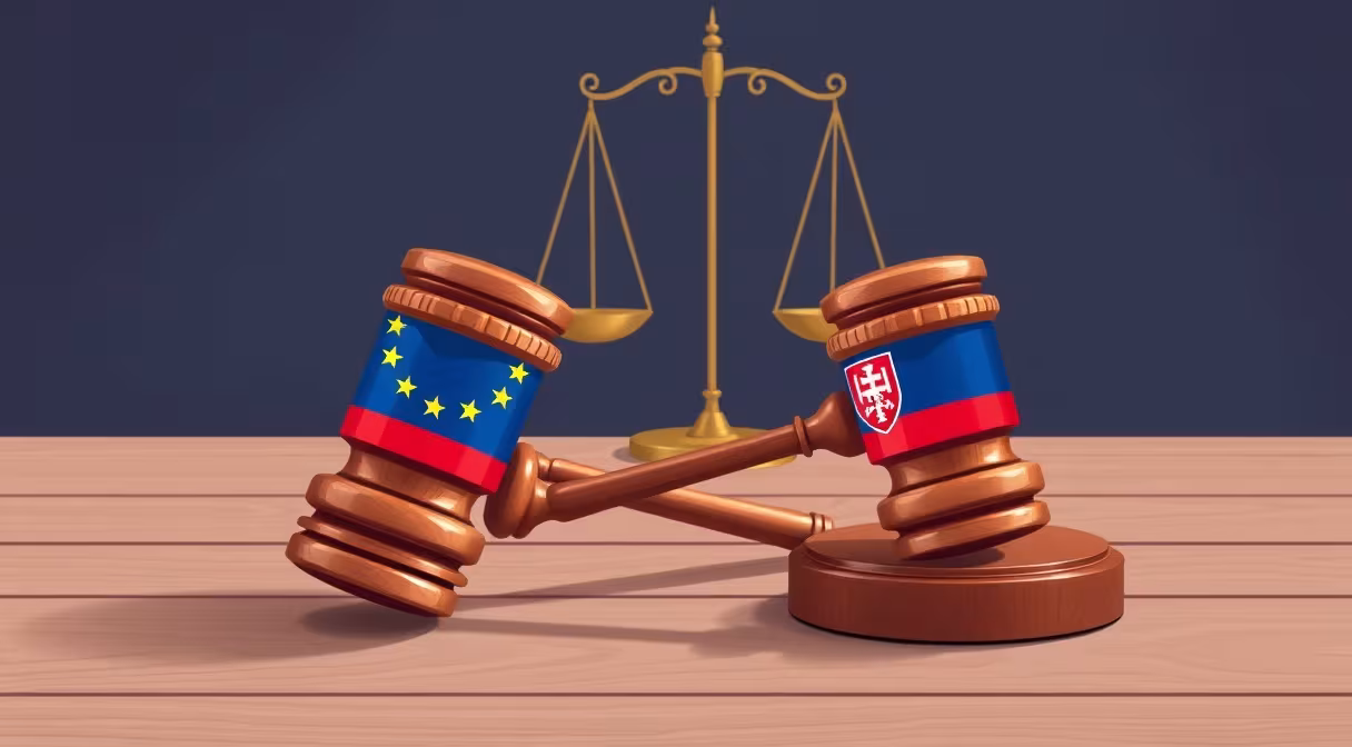 Zwei Richterhämmer nebeneinander auf Holztisch, einer mit EU-Flaggenmuster, einer mit slowakischem Flaggenmuster, Waage der Gerechtigkeit im Hintergrund.