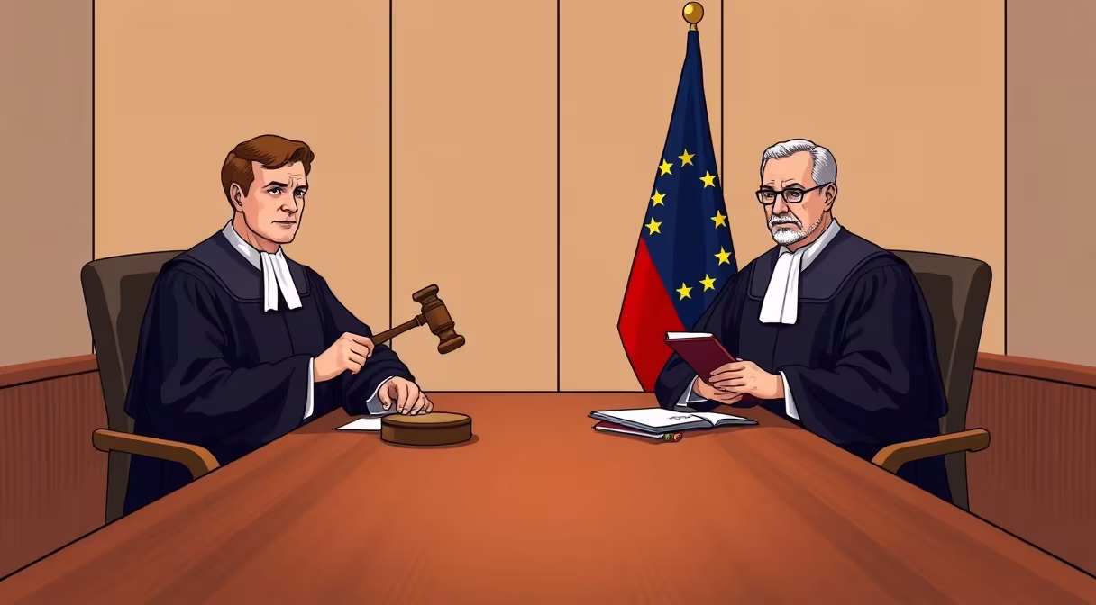 Deutscher und slowakischer Verfassungsrichter mit Akten und Gavel vor EU-Flagge im Konferenzraum