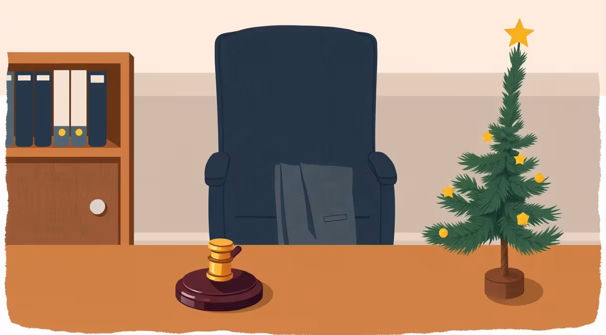 Advokaten Schreibtisch mit Hammer, Anzugjacke und kleinem Weihnachtsbaum mit goldenem Stern