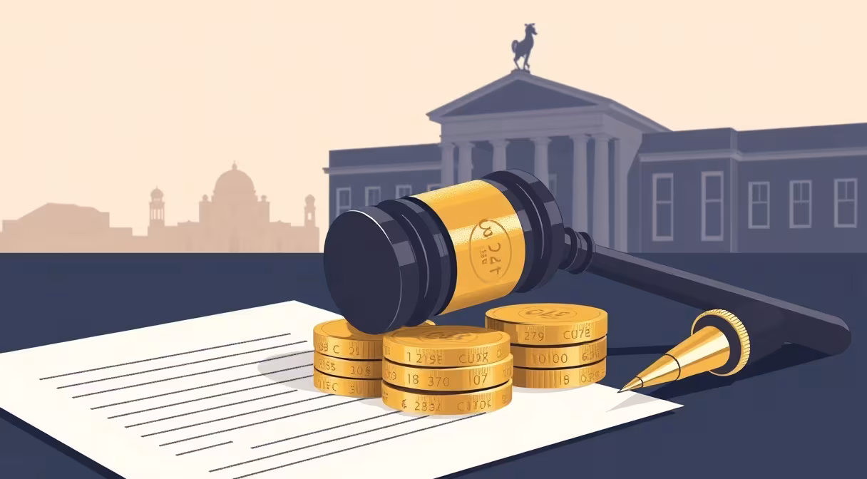 Richterhammer liegt auf Euro-Münzen vor einem Gerichtsgebäude